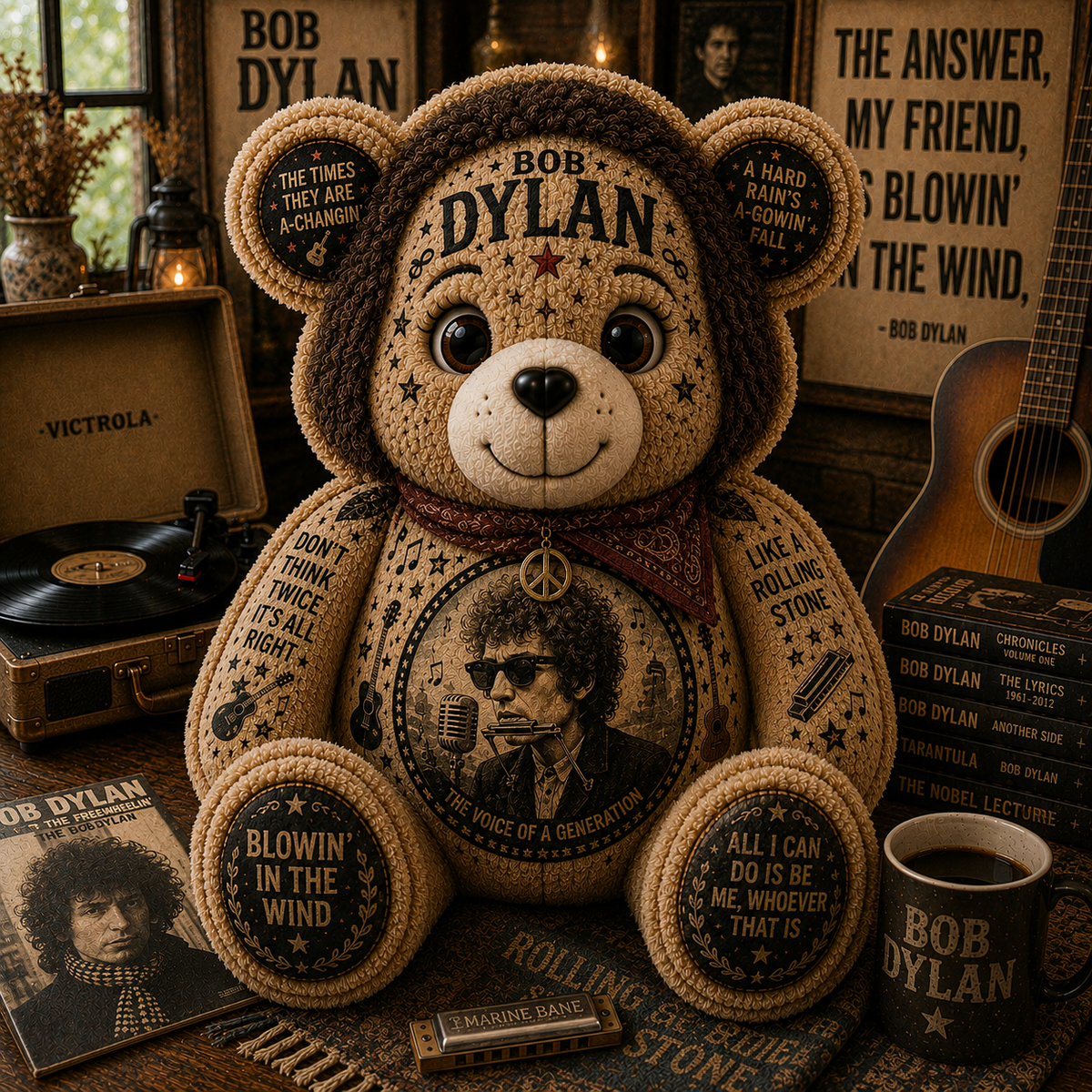 Bob Dylan Blowin’ in the Wind Bear Custom Shaped Pillow – Folk Rock Legend Music Lover Gift