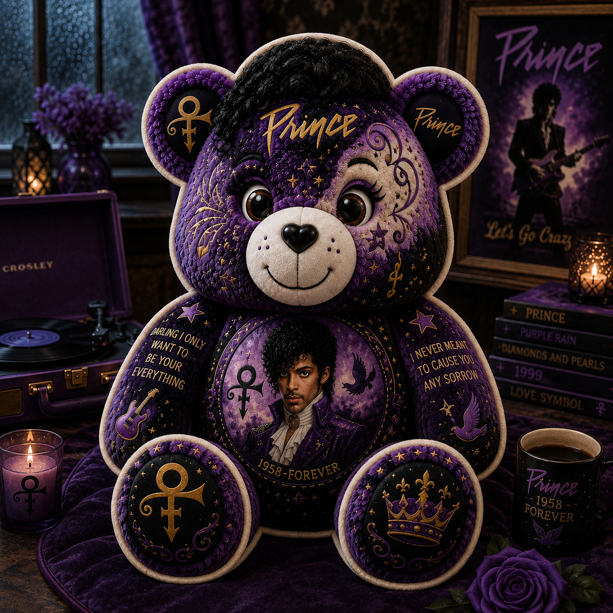 Prince Bear Custom Shaped Pillow – Gift for Prince Fans & Purple Rain Music Lovers