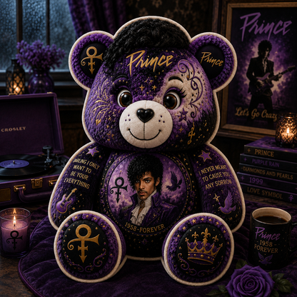 Prince Bear Custom Shaped Pillow – Gift for Prince Fans & Purple Rain Music Lovers