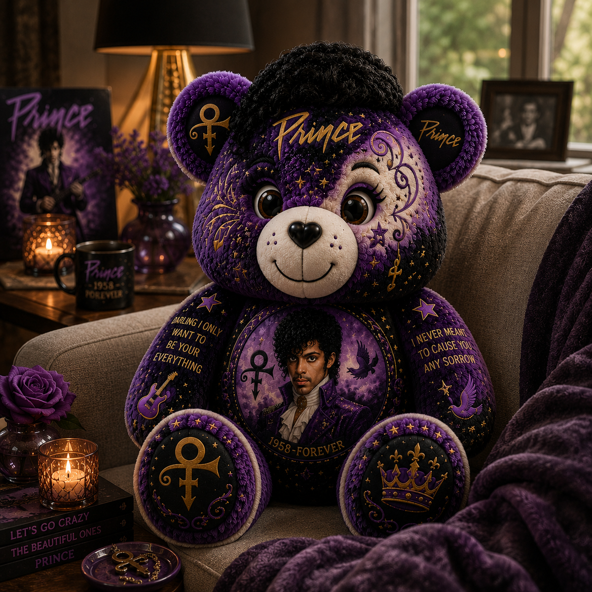 Prince Bear Custom Shaped Pillow – Gift for Prince Fans & Purple Rain Music Lovers