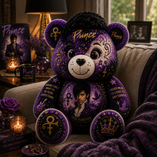 Prince Bear Custom Shaped Pillow – Gift for Prince Fans & Purple Rain Music Lovers