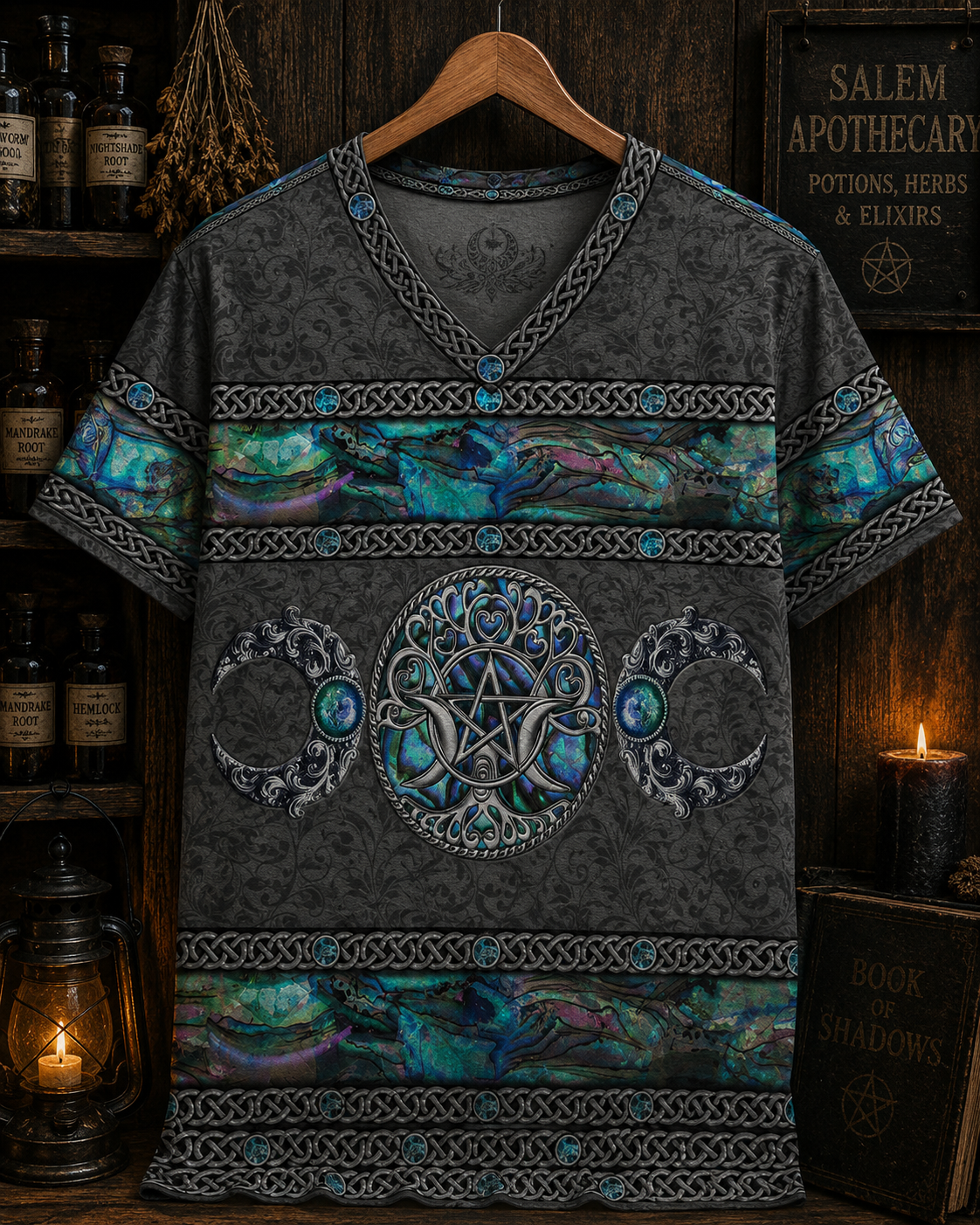 Triple Moon Pentacle , Mystical Pagan Shirt - Witchy Halloween Shirt