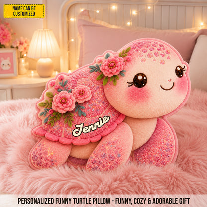 Blooming Turtle – Personalized Cute Pink Turtle Custom Shaped Pillow