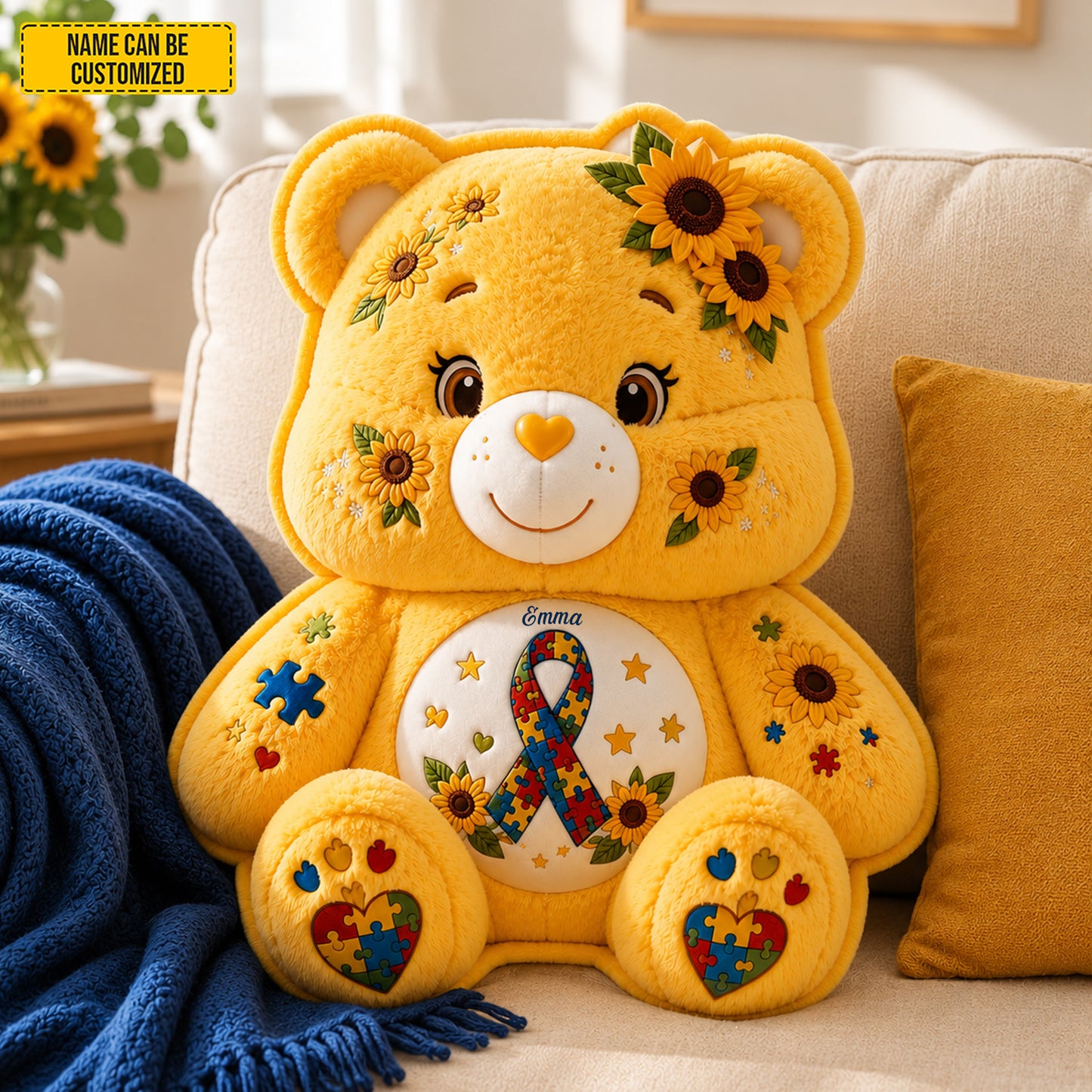 Personalized Autism Awareness Bear Custom Shape Pillow