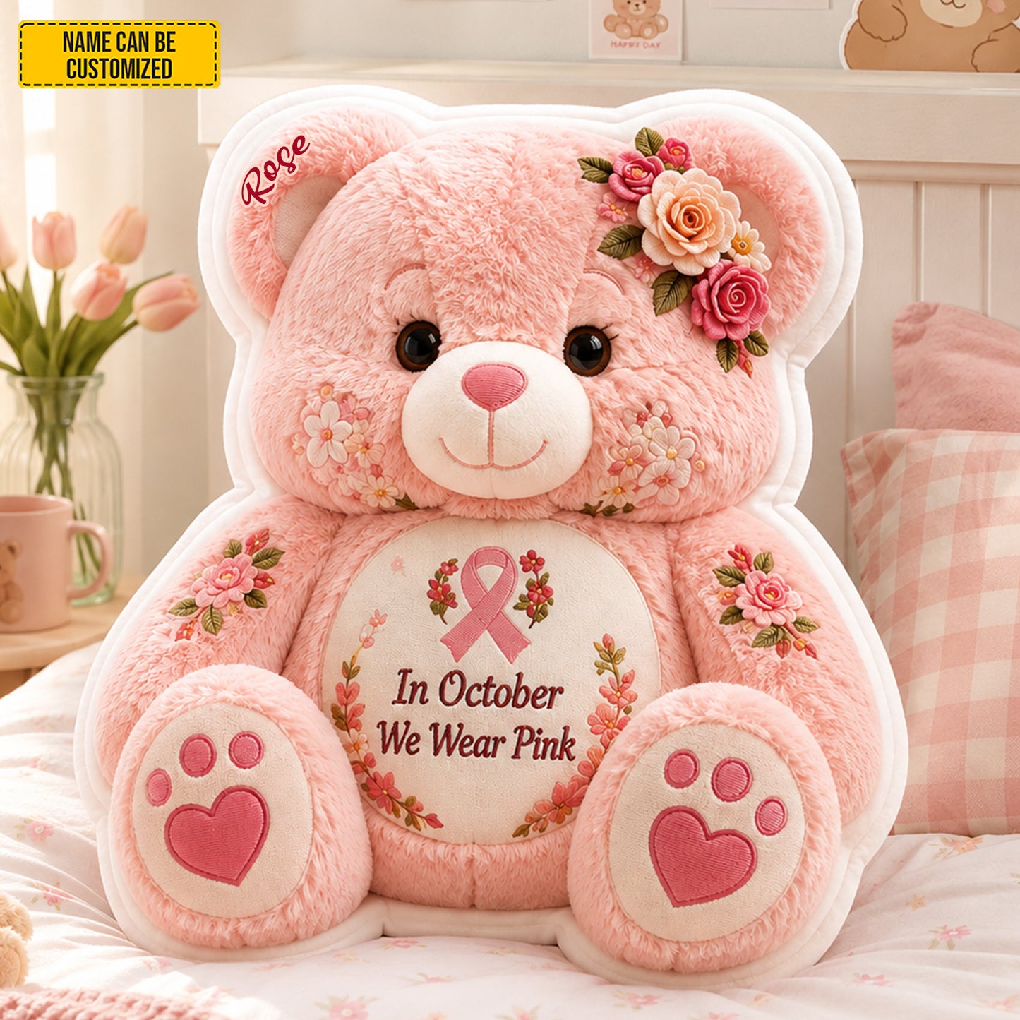 Personalized Breast Cancer Bear Pillow