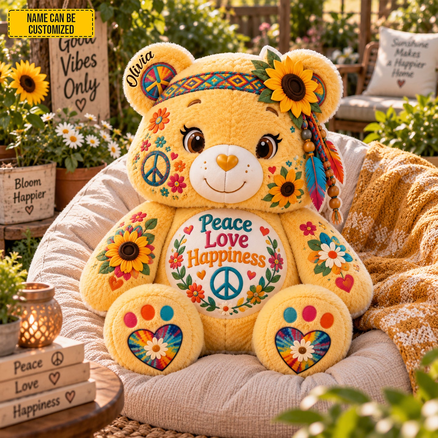 Peace Love Happiness - Personalized Bear Pillow