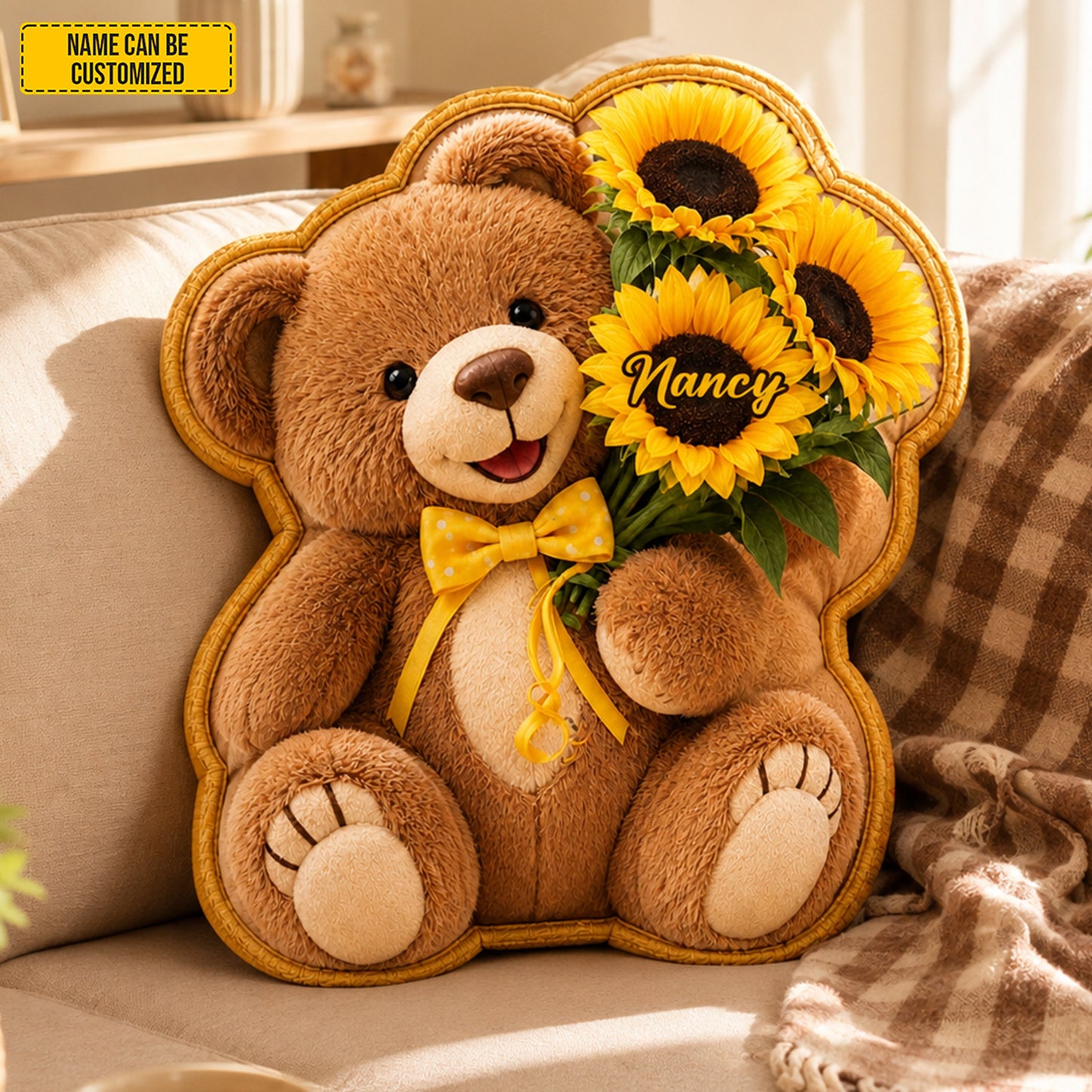 Personalized Bear with Sunflowers Custom Shaped Pillow