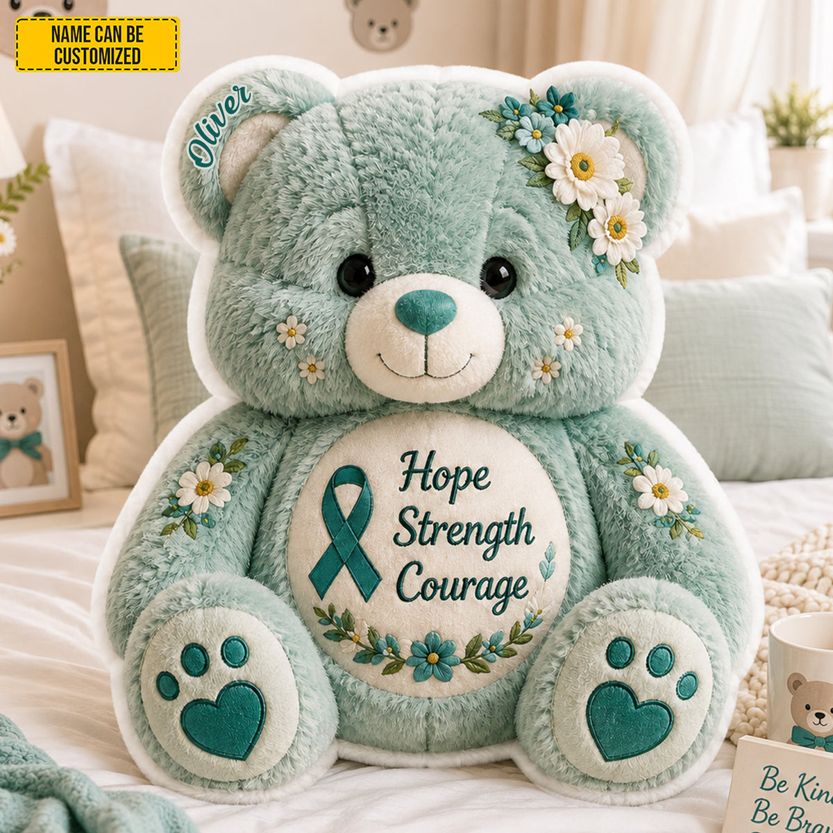 Personalized Ovarian Cancer Bear Pillow