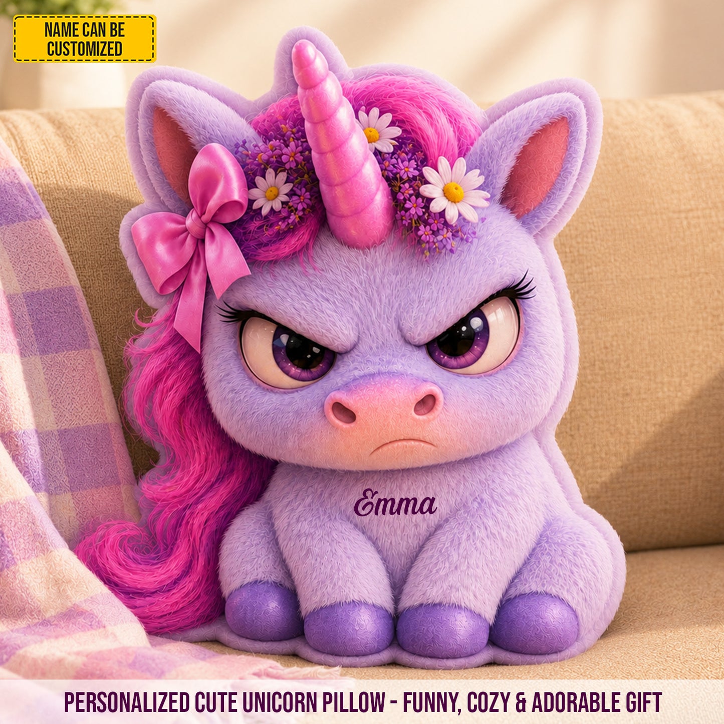 Miss Grumpy Sparkle – Personalized Angry Unicorn Custom Shaped Pillow
