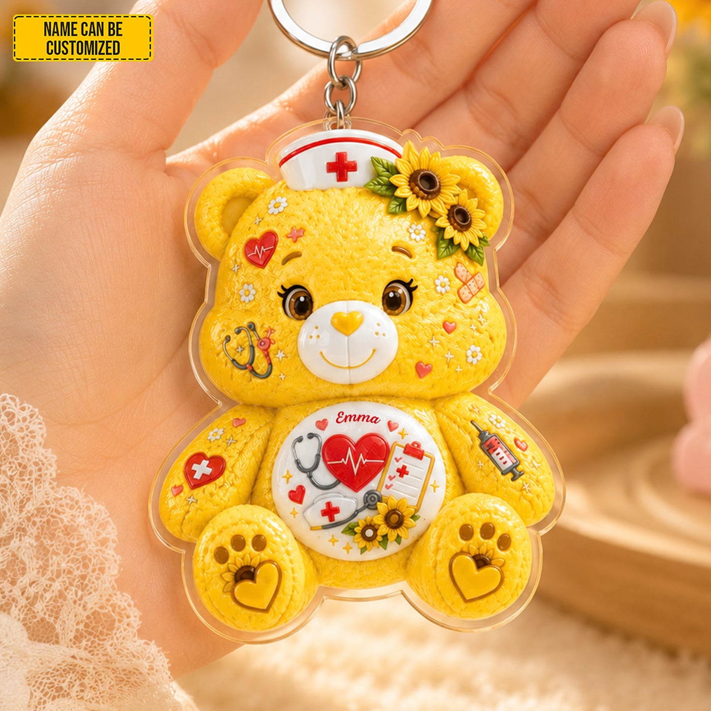 Personalized Nurse Bear Sunflower Charm Keychain