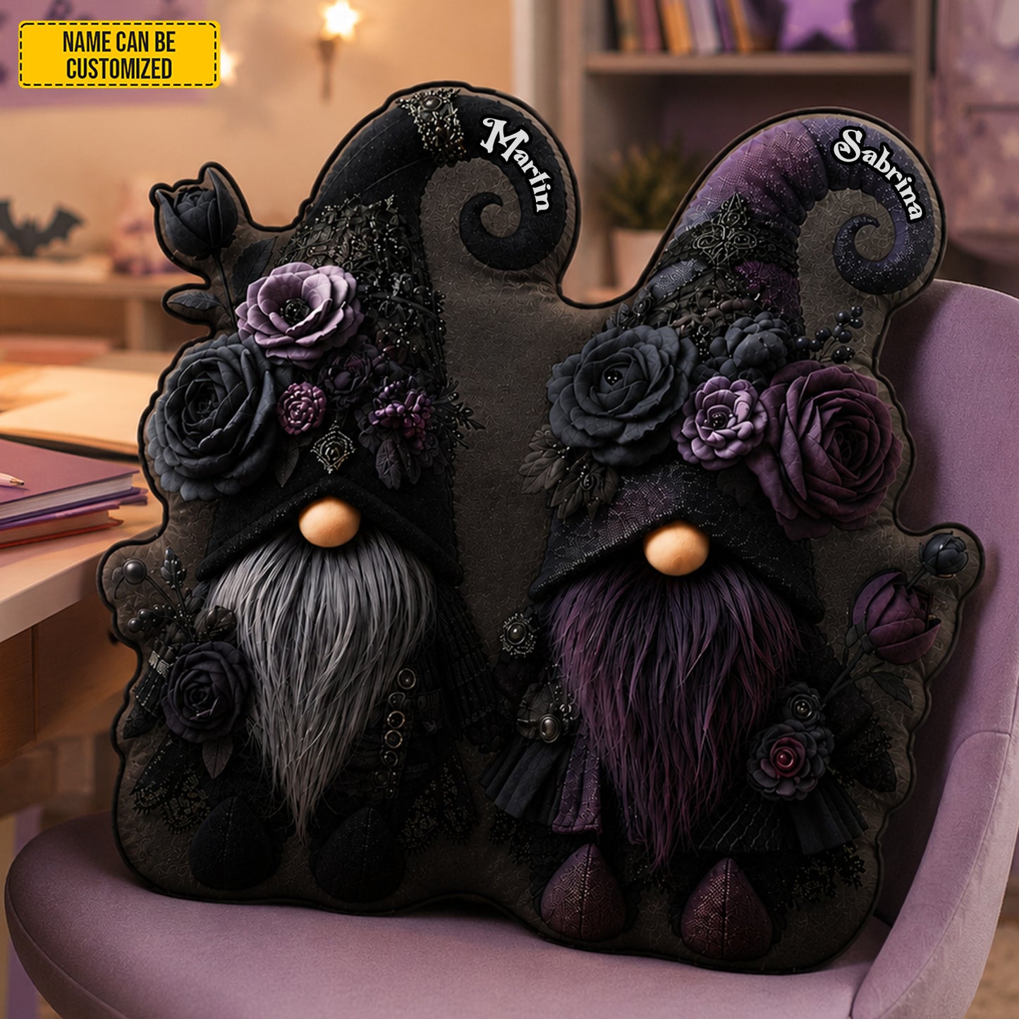Personalized Gothic Witch Gnome Couple Pillow