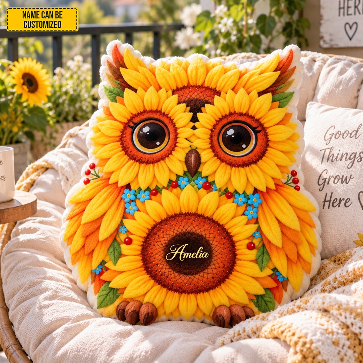 Personalized Sunflower Owl Pillow – Custom Name Gift