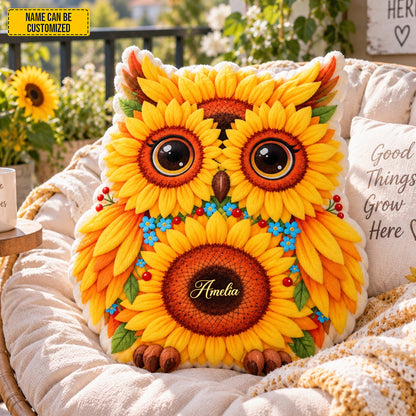 Personalized Sunflower Owl Pillow – Custom Name Gift