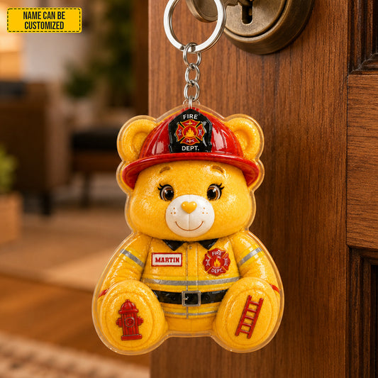 Personalized Firefighter Bear Sunflower Charm Keychain