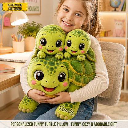 Mom Turtle With Little Kids - Personalized Shaped Pillow
