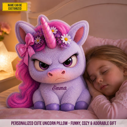 Miss Grumpy Sparkle – Personalized Angry Unicorn Custom Shaped Pillow