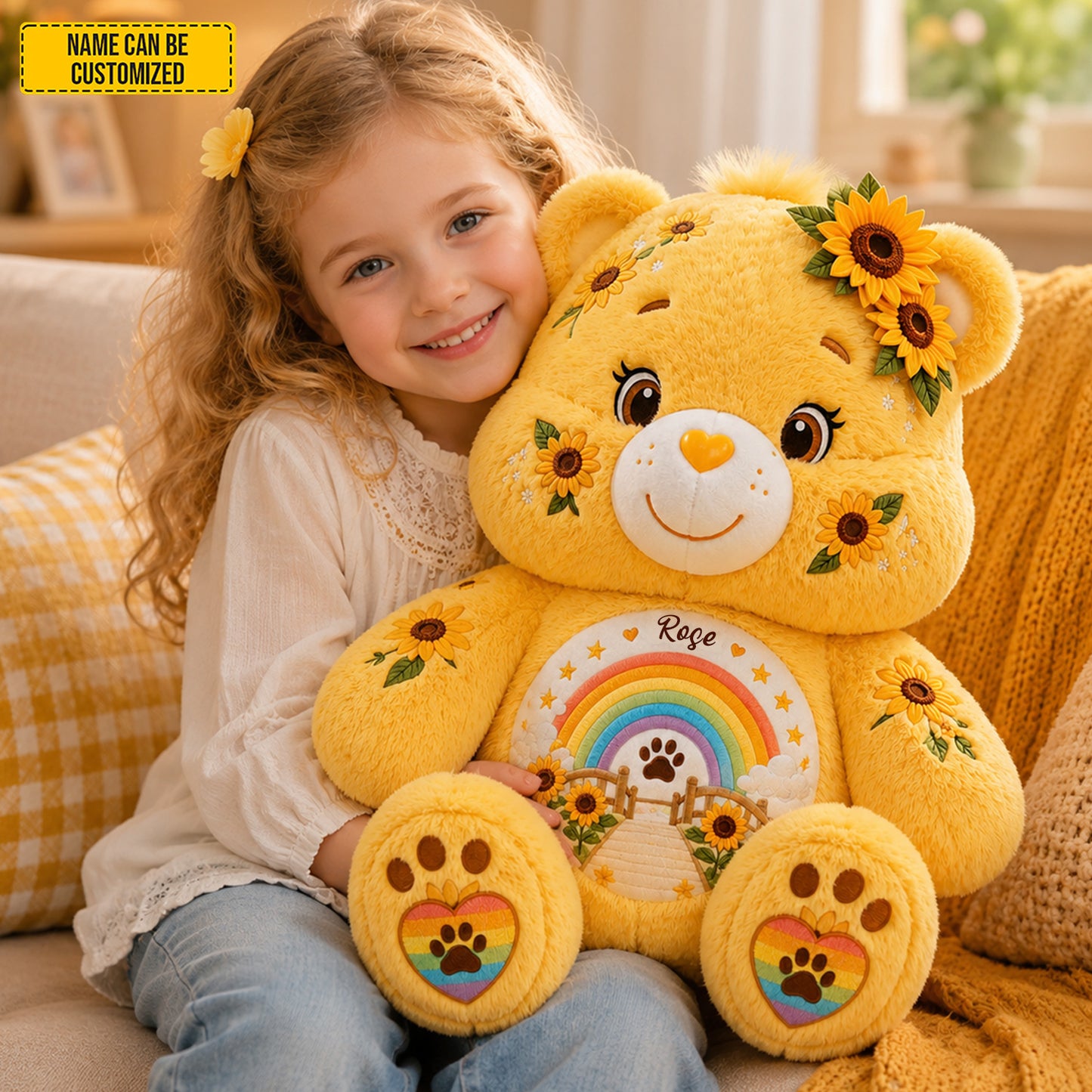 Personalized Sunflower Rainbow Bear Custom Shape Pillow