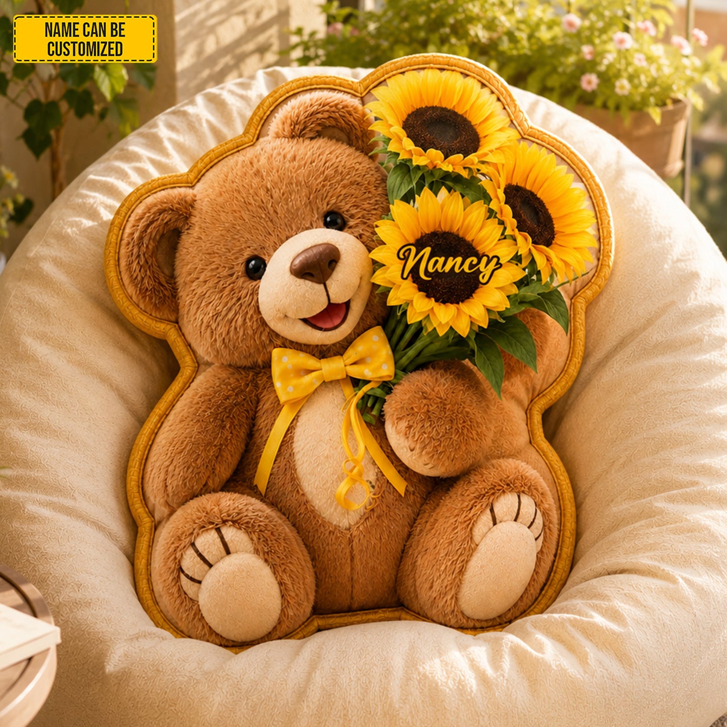 Personalized Bear with Sunflowers Custom Shaped Pillow