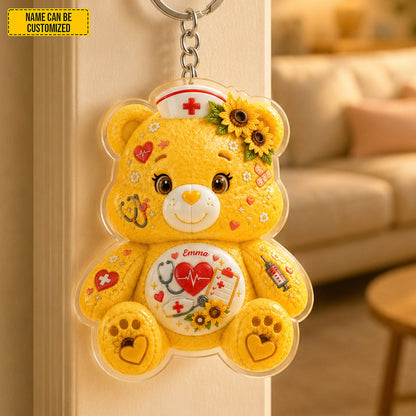 Personalized Nurse Bear Sunflower Charm Keychain