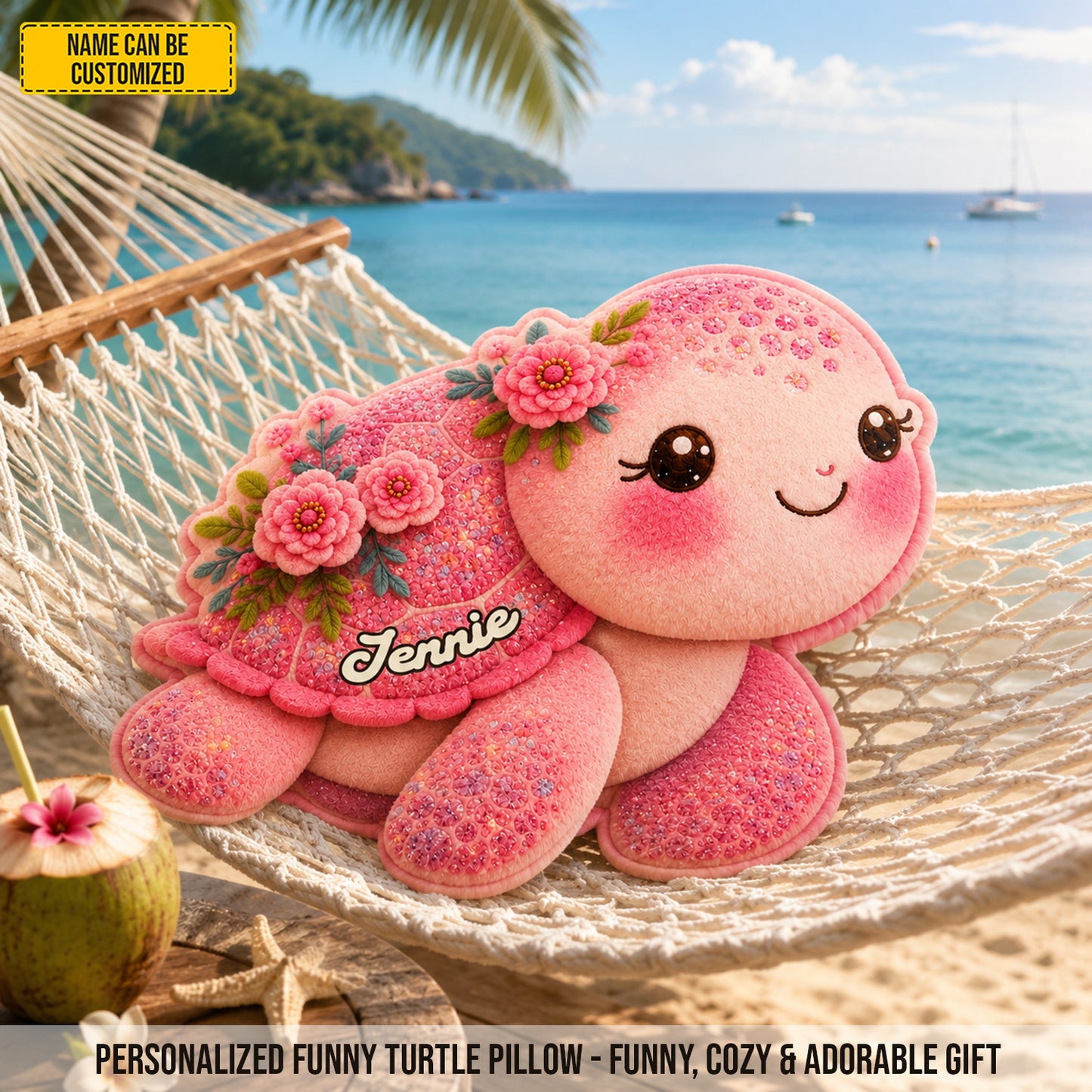 Blooming Turtle – Personalized Cute Pink Turtle Custom Shaped Pillow