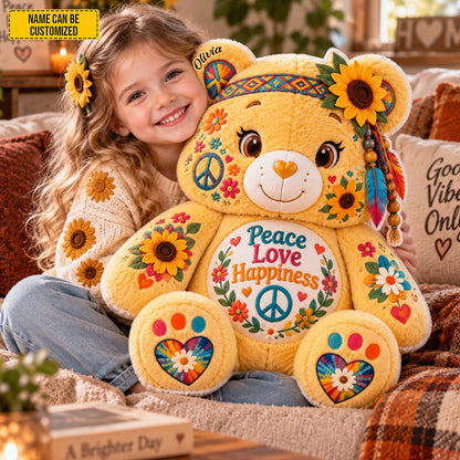 Peace Love Happiness - Personalized Bear Pillow