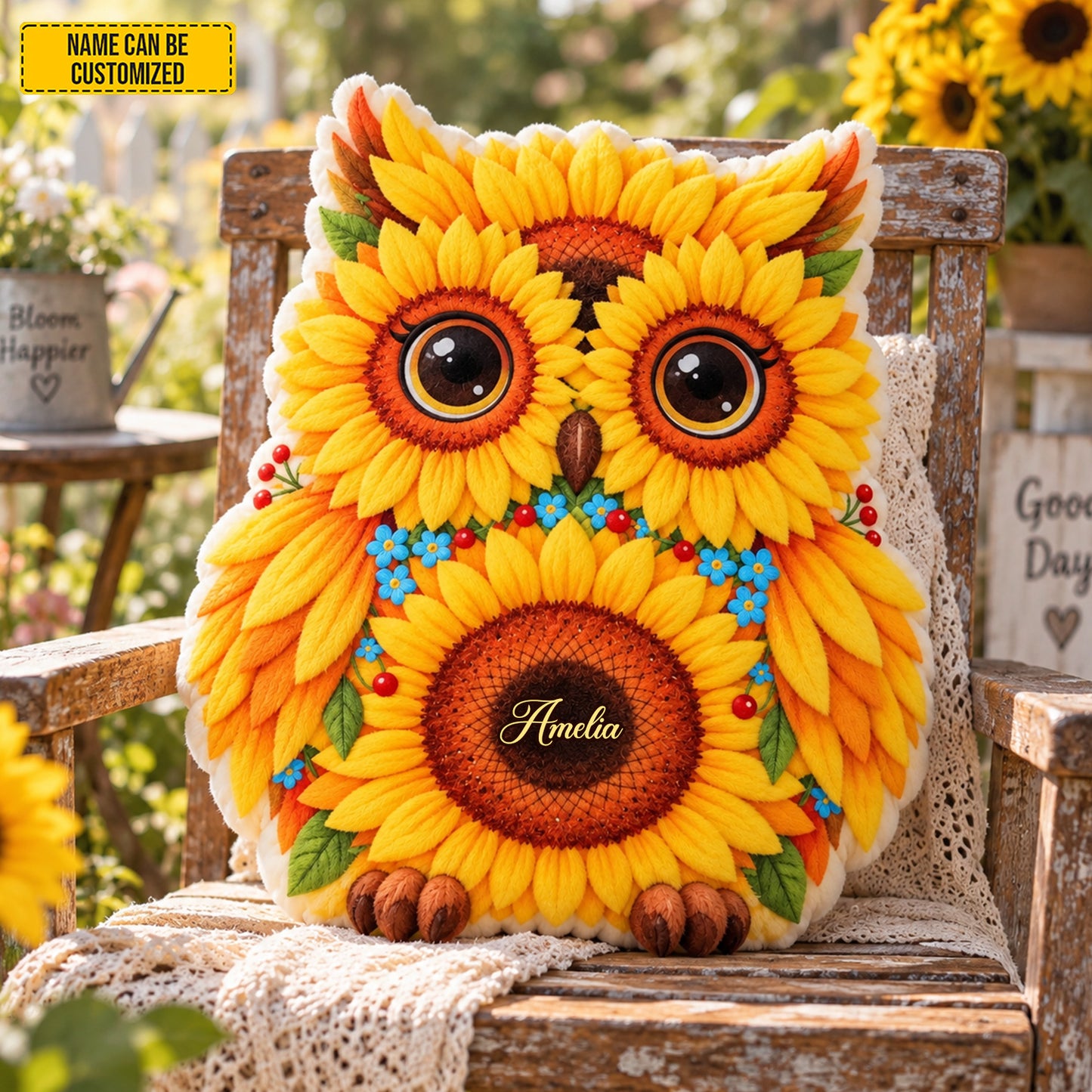 Personalized Sunflower Owl Pillow – Custom Name Gift