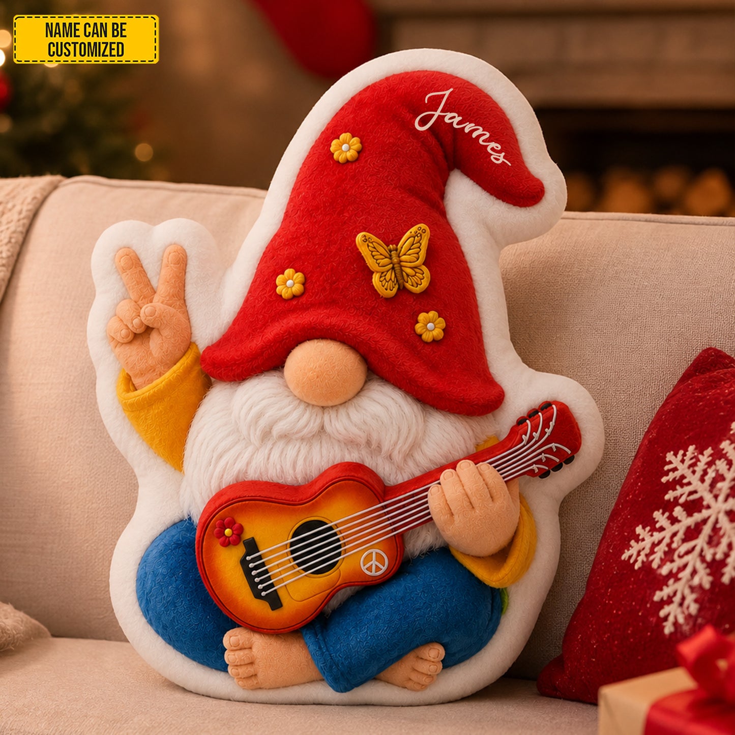 Personalized Peace, Love & Music Gnome Custom Shaped Pillow
