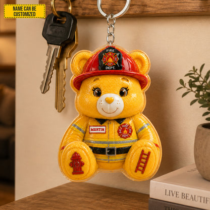 Personalized Firefighter Bear Sunflower Charm Keychain