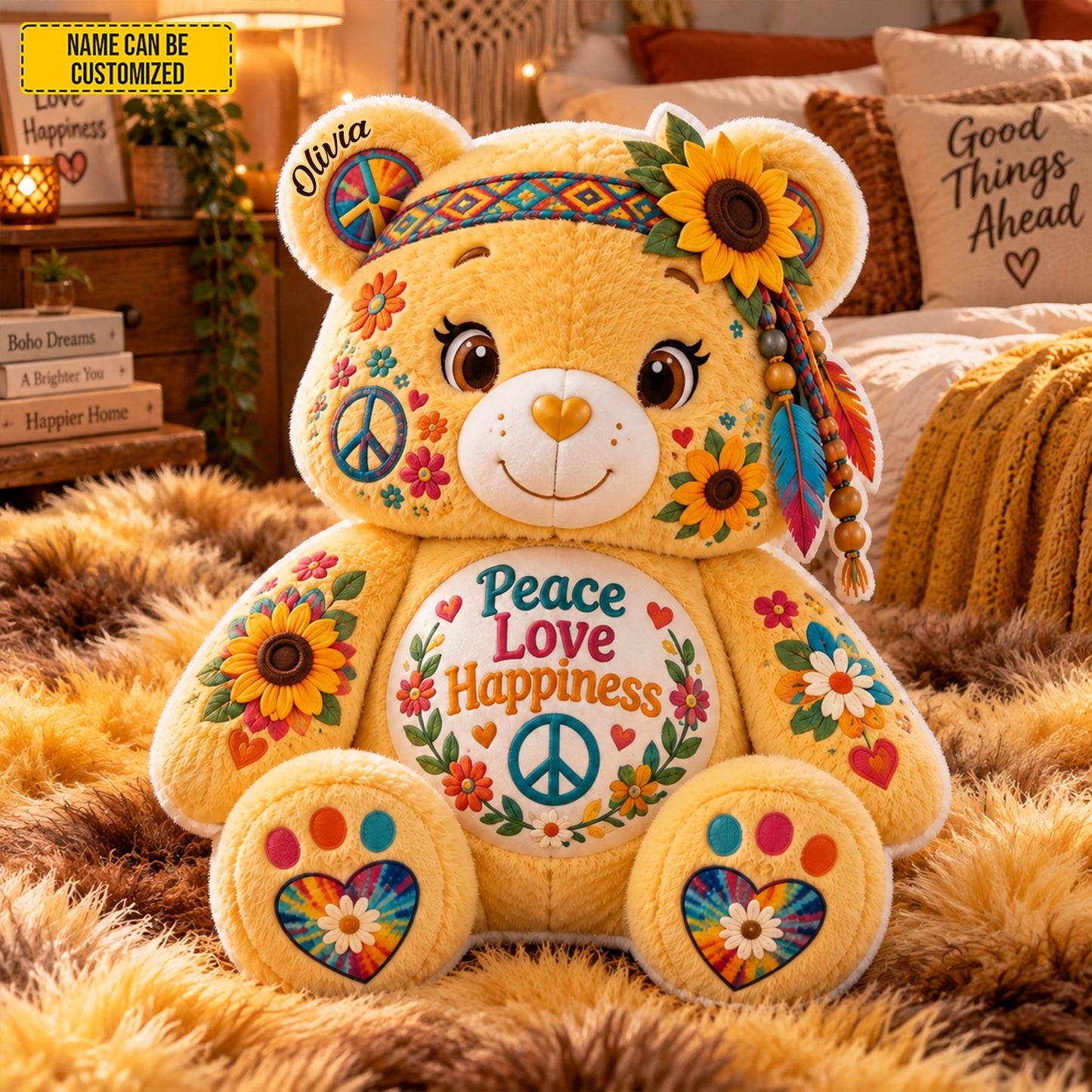 Peace Love Happiness - Personalized Bear Pillow