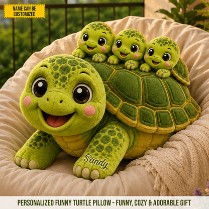 Mom Turtle With Little Kids - Personalized Shaped Pillow