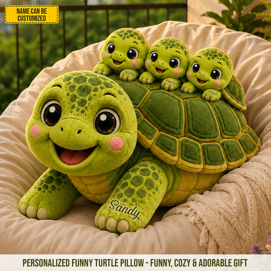 Mom Turtle With Little Kids - Personalized Shaped Pillow