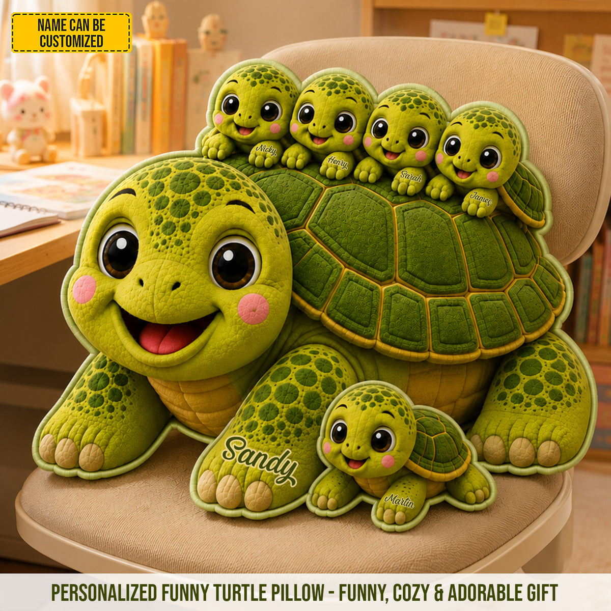 Mom Turtle With Little Kids - Personalized Shaped Pillow