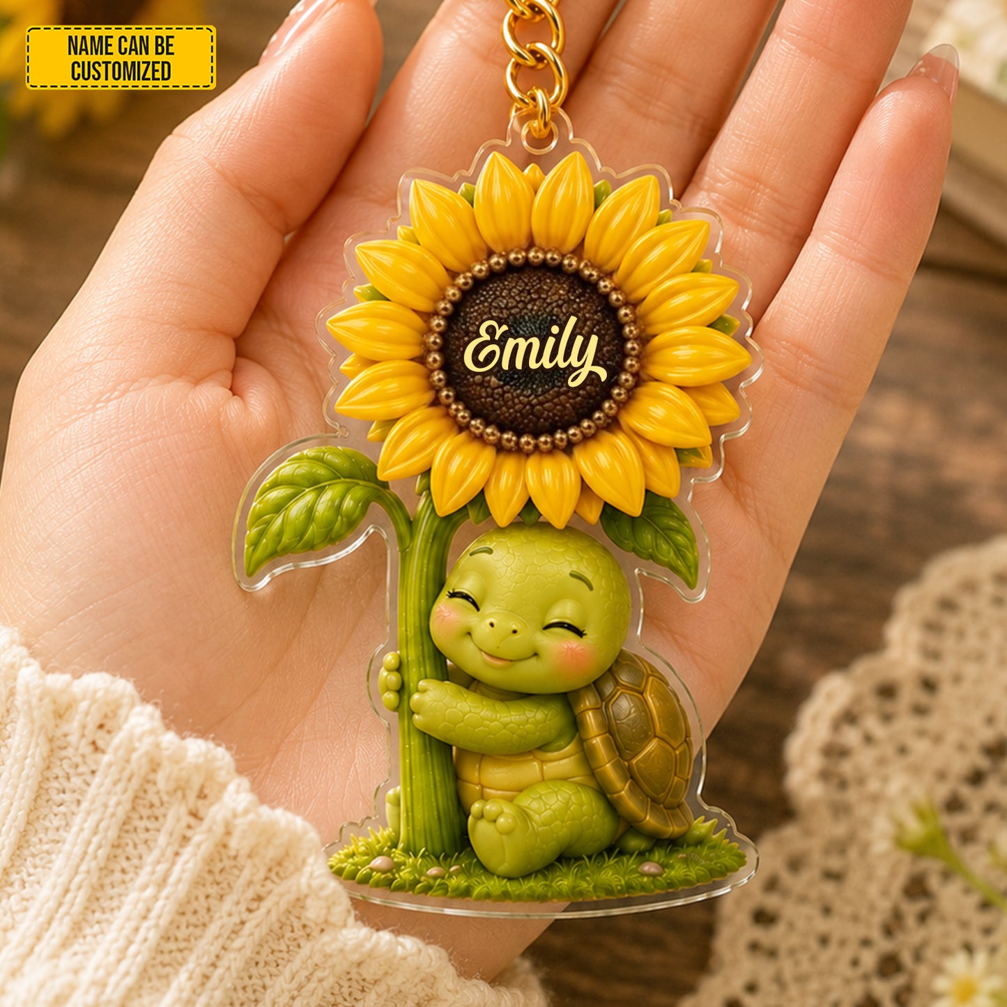 Sunflower Turtle Charm – Personalized Turtle Keychain