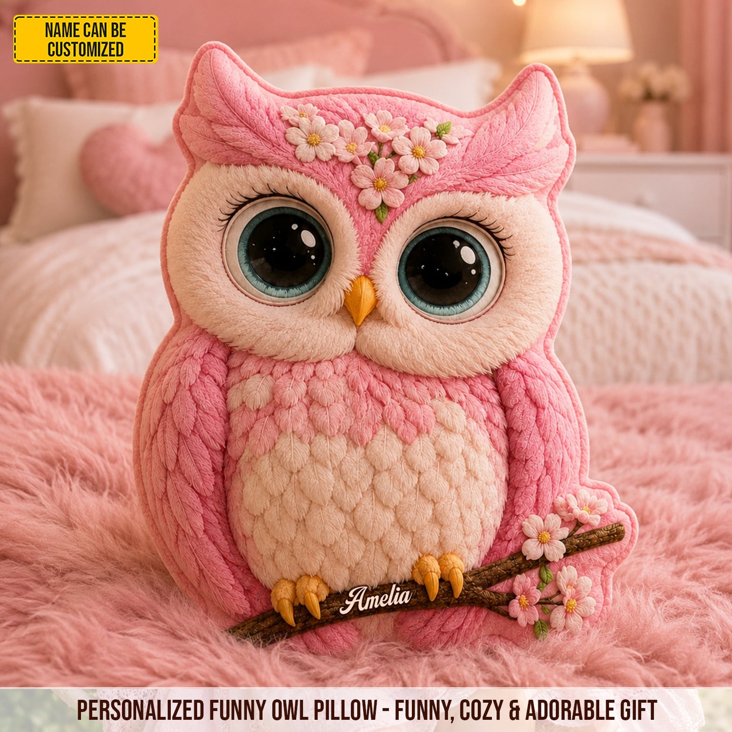 Cherry Blossom Owl – Personalized Custom Shaped Pillow