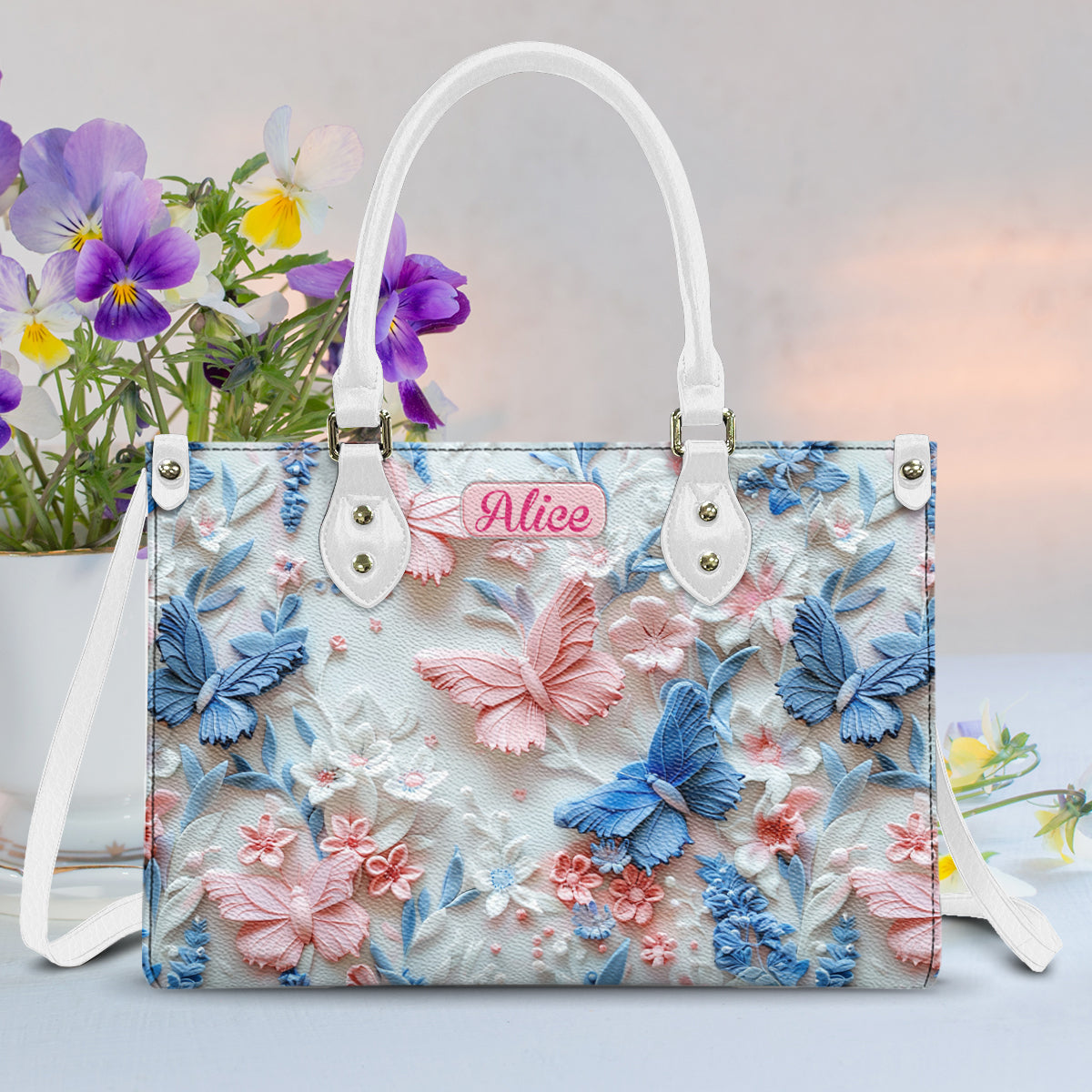 Pink And Blue Butterflies - Personalized Leather Handbag