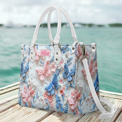 Pink And Blue Butterflies - Personalized Leather Handbag