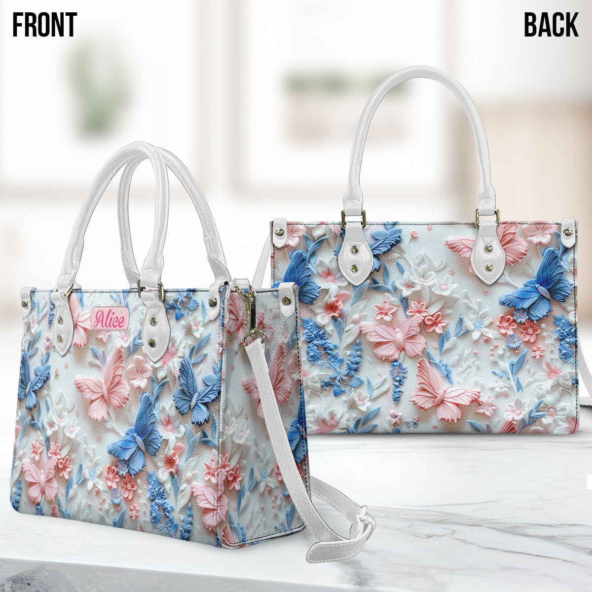 Pink And Blue Butterflies - Personalized Leather Handbag