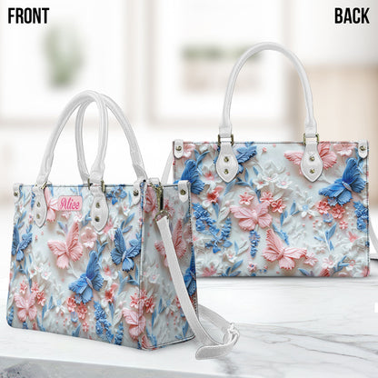 Pink And Blue Butterflies - Personalized Leather Handbag