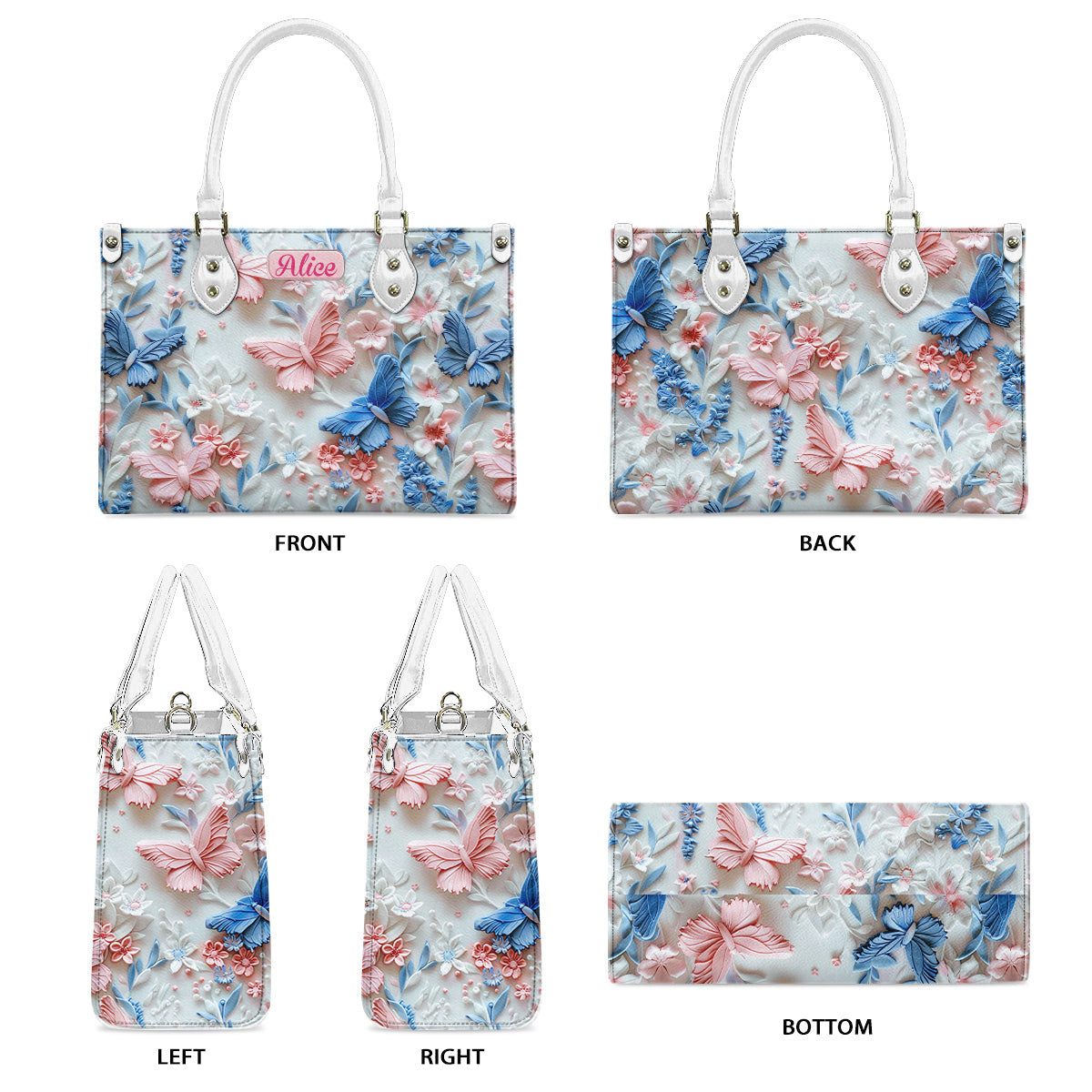 Pink And Blue Butterflies - Personalized Leather Handbag