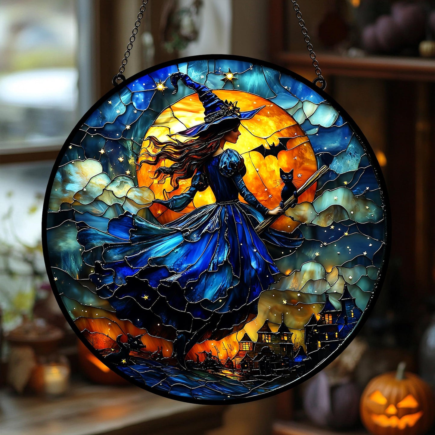 Magical Witch With Black Cat Stained Glass Suncatcher