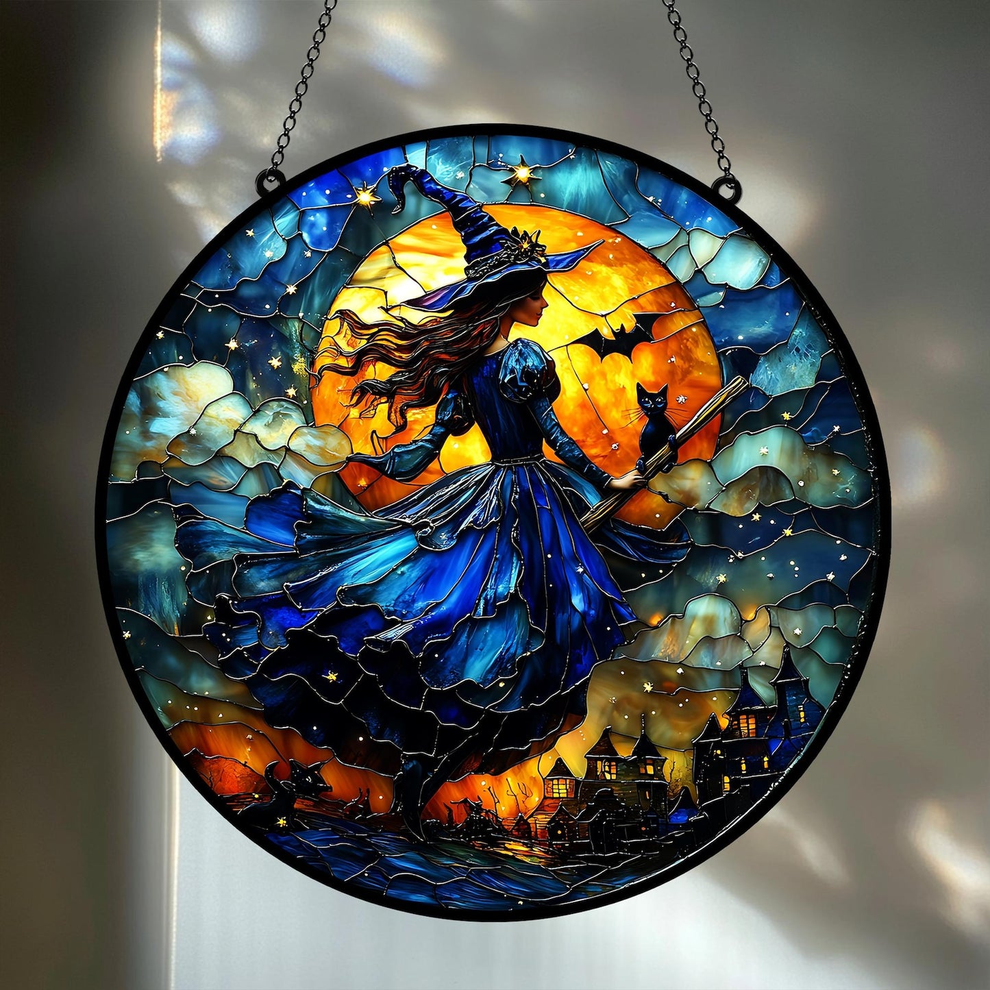 Magical Witch With Black Cat Stained Glass Suncatcher