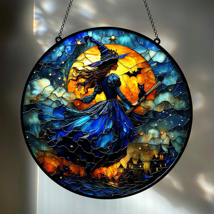 Magical Witch With Black Cat Stained Glass Suncatcher