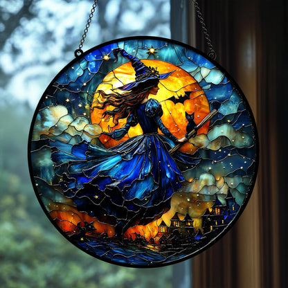 Magical Witch With Black Cat Stained Glass Suncatcher