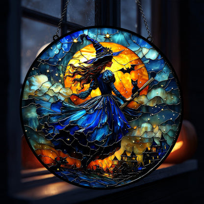 Magical Witch With Black Cat Stained Glass Suncatcher