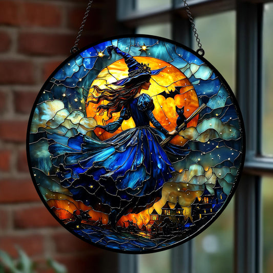 Magical Witch With Black Cat Stained Glass Suncatcher