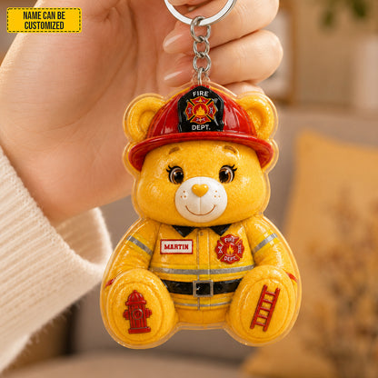 Personalized Firefighter Bear Sunflower Charm Keychain