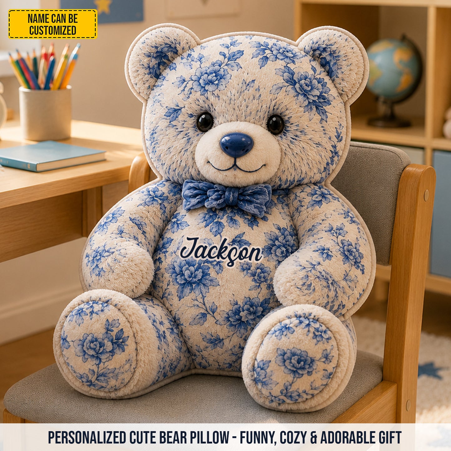 Personalized Vintage Floral Teddy Bear Custom Shape Pillow