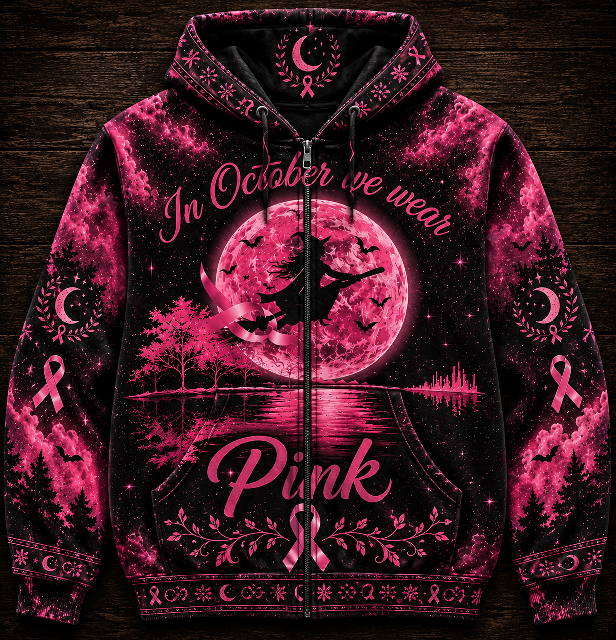 In October We Wear Pink Ribbon Witch Breast Cancer Halloween Shirt