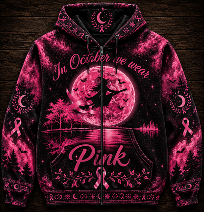 In October We Wear Pink Ribbon Witch Breast Cancer Halloween Shirt